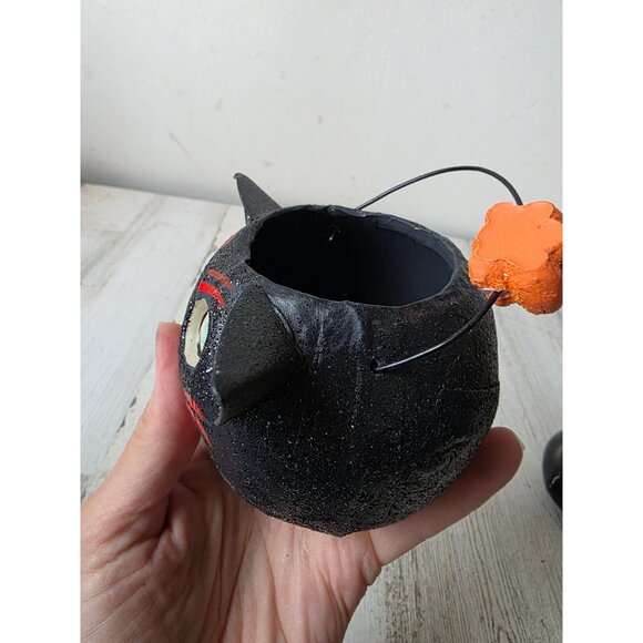 Vintage paper mache cat basket Halloween decor shabby chic glitter - Picture 3 of 9